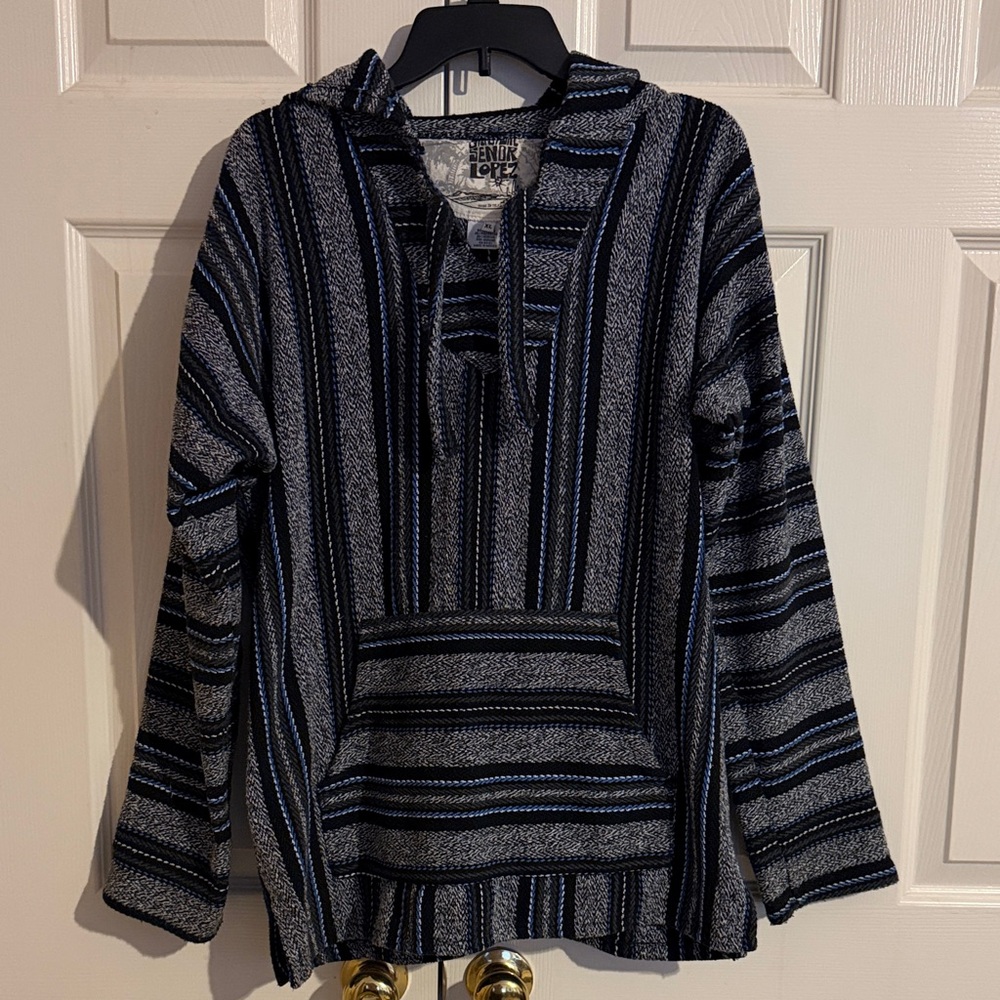 Men's Black and Blue Striped Hoodie‎ Poncho